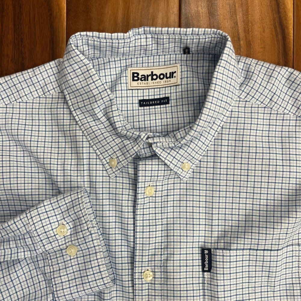 Barbour Button Down Shirt Mens L Blue White Tattersall Tailored MSH4537BL33